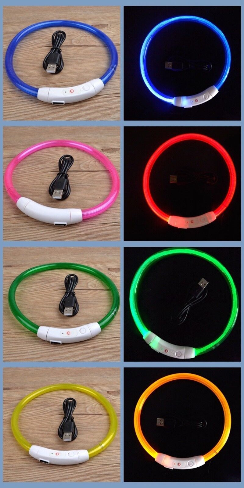 RECHARGEABLE LED Light-Up Flash GLOW COLLAR Dog Pet Safety MICRO USB Adjustable